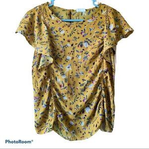 Sienna Sky Floral Gold Summer Blouse with Flutter Sleeve Women Size Small